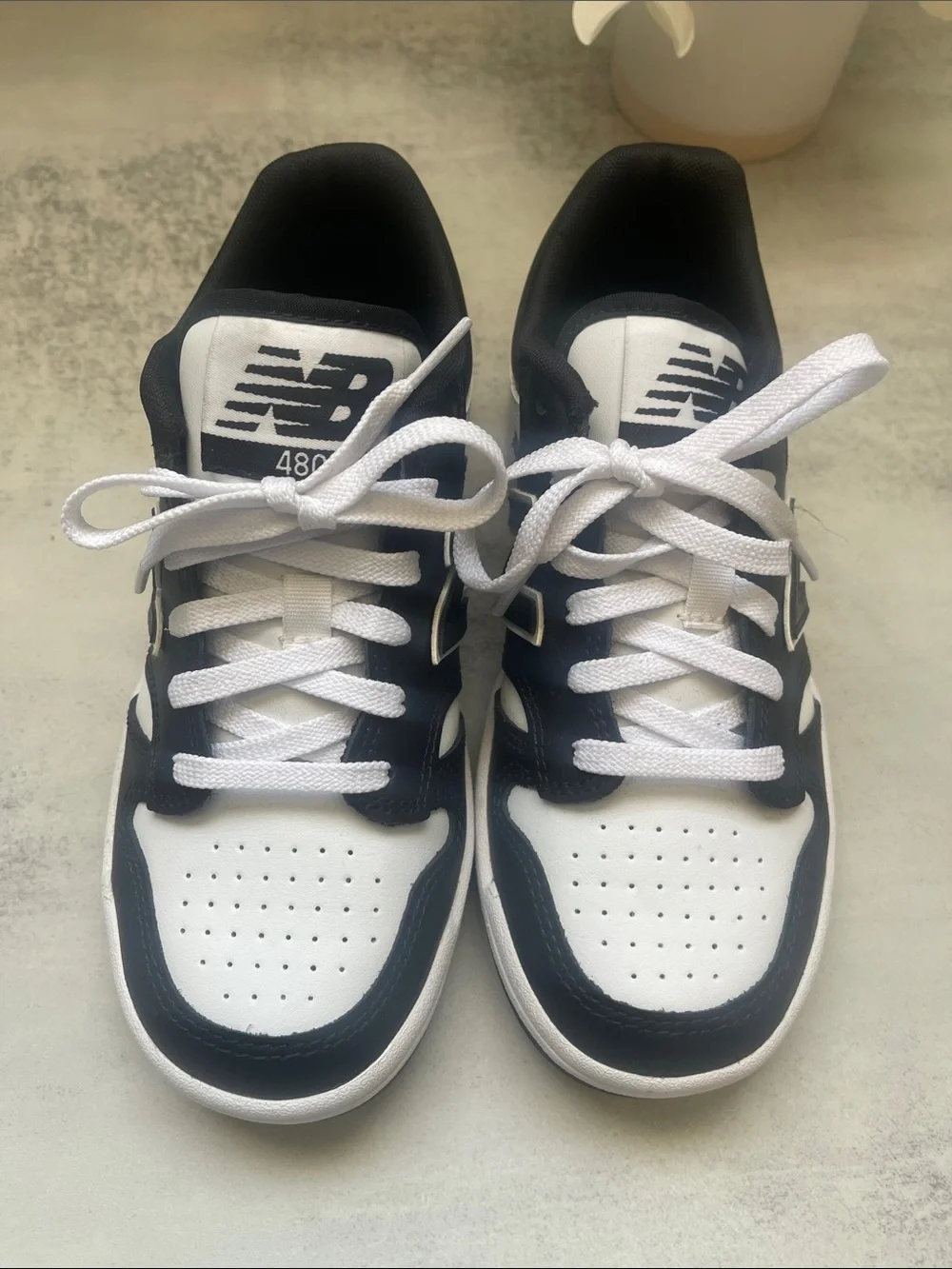 New Balance Kids 480 Black and White Leather Perforated Sneakers